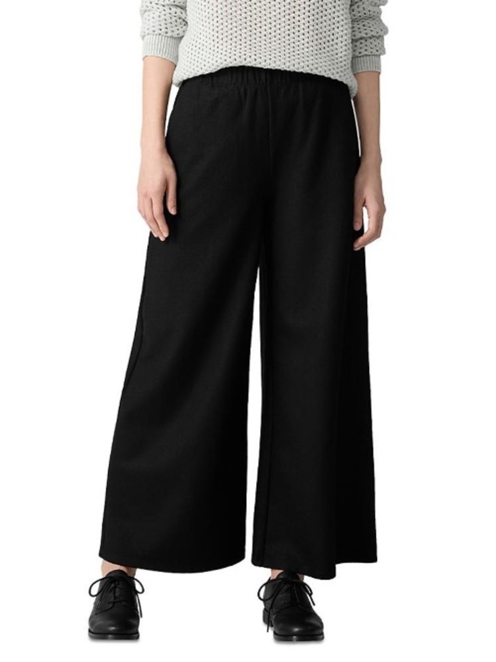 Eileen Fisher Wool Wide Leg Palazzo Ankle Crop Pants PL Black Pull On Comfort